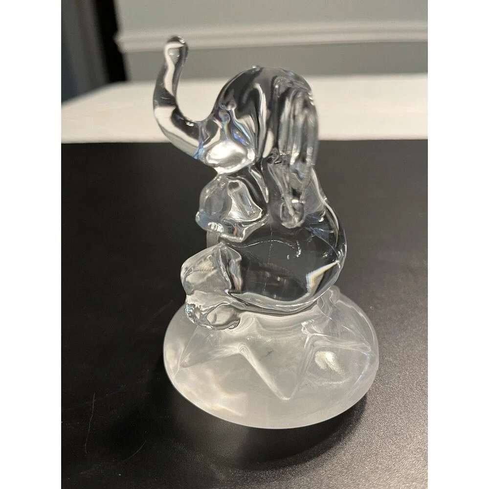 Crystal Glass Baby Elephant Trunk Up Sitting on a  Star Figurine Paperweight